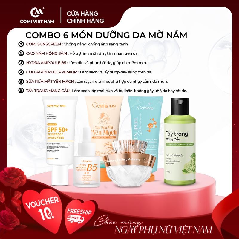 Combo 6 Món Dưỡng Da Nám - 1 Tẩy Trang Mãng Cầu + 1 Sữa Rửa Mặt Yến Mạch + 1 Peel Collagen 4k + 1 Serum B5 HA + 1 Cao Nám Hồng Sâm + 1 Kem Chống Nắng. Hỗ Trợ Chăm Sóc Da Mờ Thâm Sạm Nám.