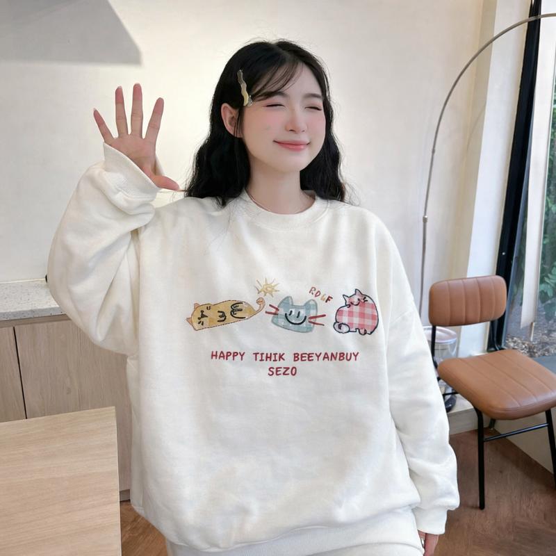 Áo Sweater Nam Nữ Chất Nỉ 2 Da Ko Xù Lông Hình In Cute, Form Dáng Rộng Cho Mùa Thu Đông