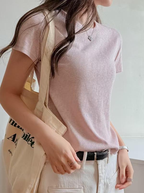 Áo thun nữ cổ tròn nhỏ tay ngắn, chất liệu cotton snowflake, kiểu cơ bản, vai chuẩn, dáng rộng, phong cách Hàn Quốc, mỏng nhẹ cho mùa hè, mang cảm giác cao cấp.