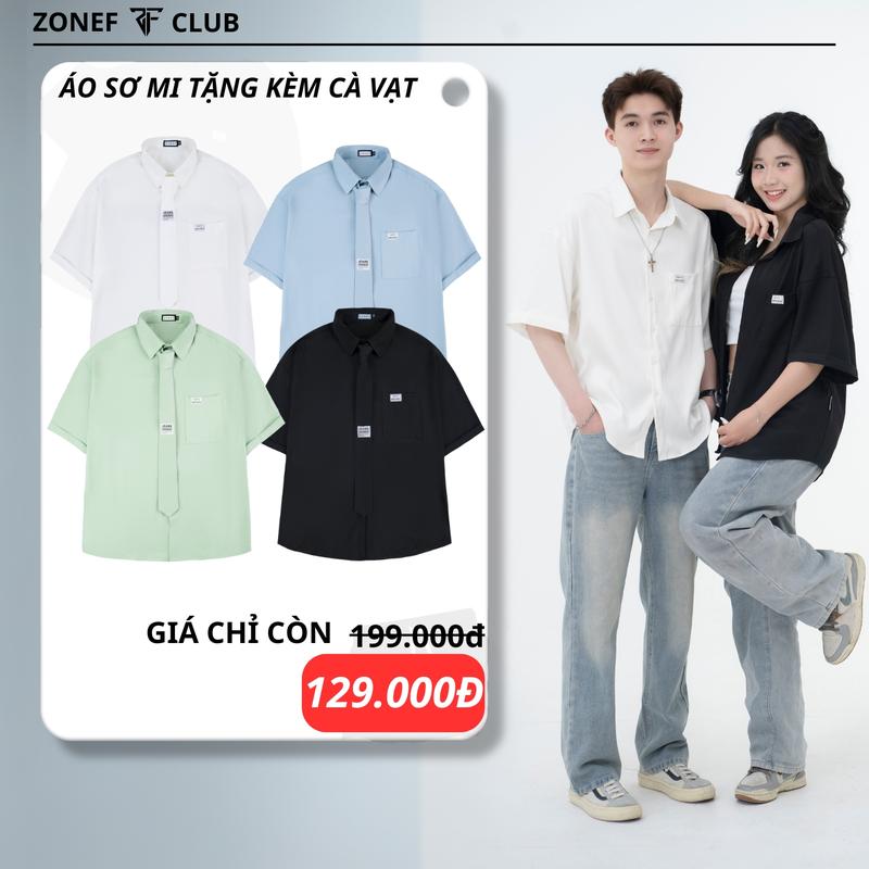 Áo Sơ Mi Nam ZONEF CLUB Ngắn Tay Phối Cà Vạt Oversize ,Cộc Tay Nam Caravat Form Rộng, Basic, Phong Cách Hàn Quốc