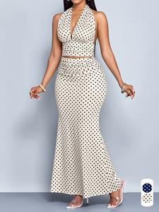 Conjunto elegante y sexy de verano para mujer con top corto de lunares y falda de cintura alta de ajuste entallado, casual para vacaciones, viajes, fiestas y citas