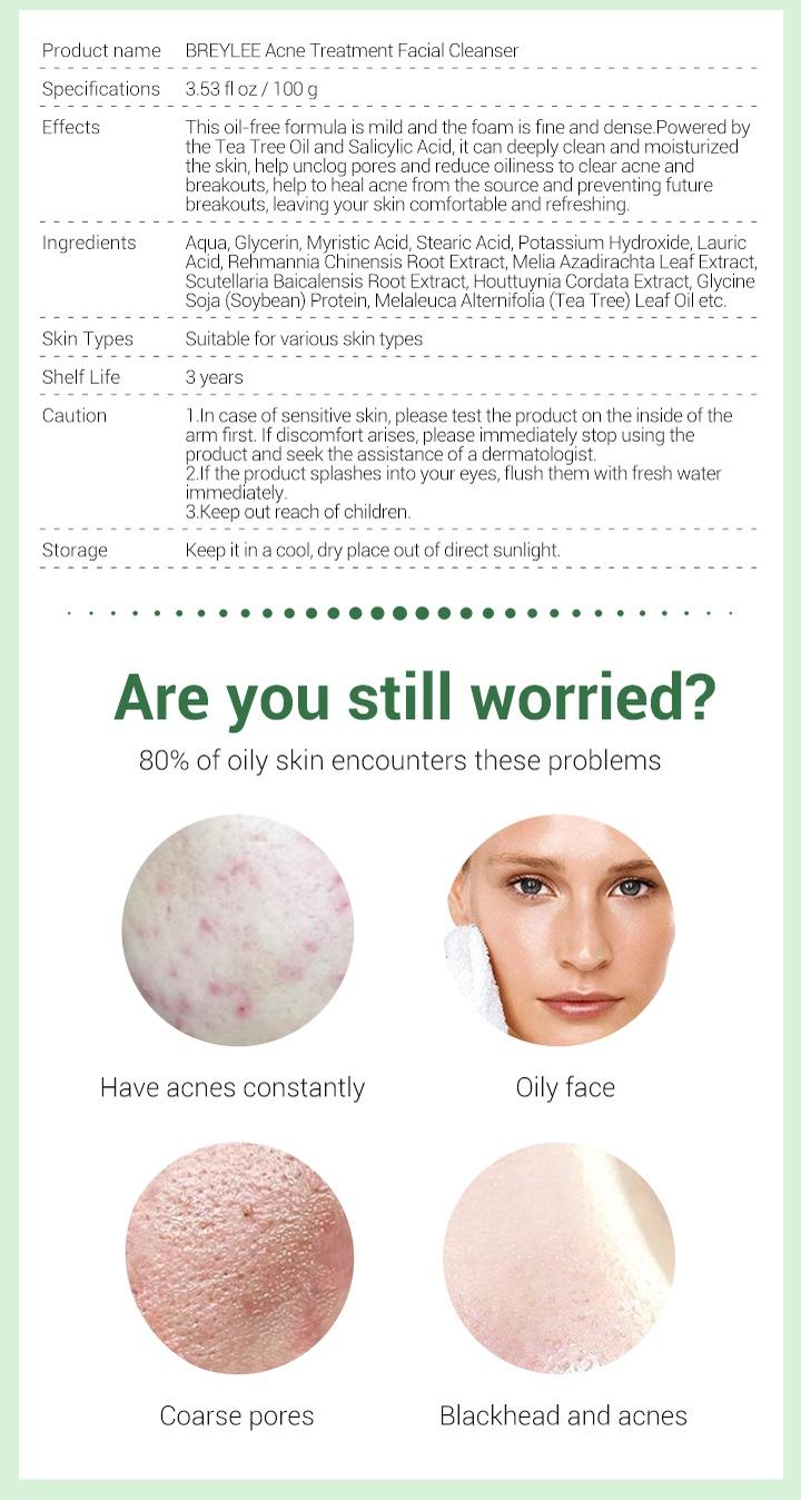 Product Introduction of BREYLEE Tea Tree Acne Cleanser Deep Cleansing Oil Control Soothing Facial Cleansing 100g Skincare Skin Repair Facial Wash Comfort 8