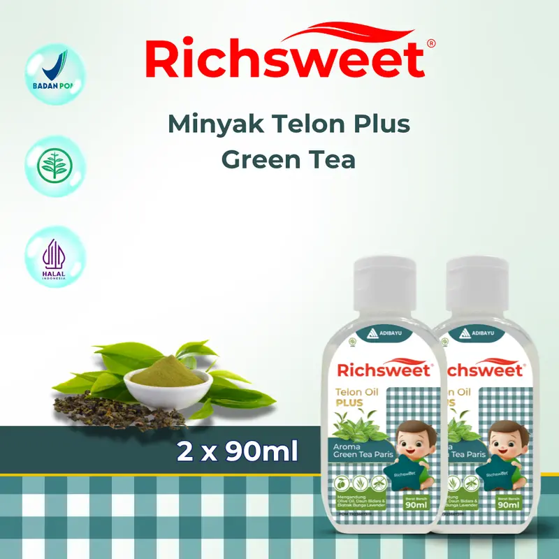 Richsweet Minyak Telon Plus Aroma Green Tea 90ml [2 BOTOL] | Perlindungan sampai 12 Jam Anti Nyamuk + Ekstrak Daun Bidara 0