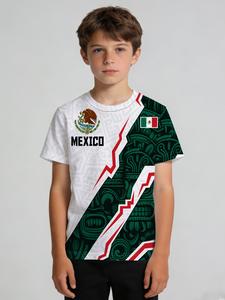 Camiseta de niño de manga corta con temática mexicana, combinando colores de la bandera nacional y diseño de estampado de totems aztecas, tejido suave y transpirable, adecuada para actividades y eventos deportivos.