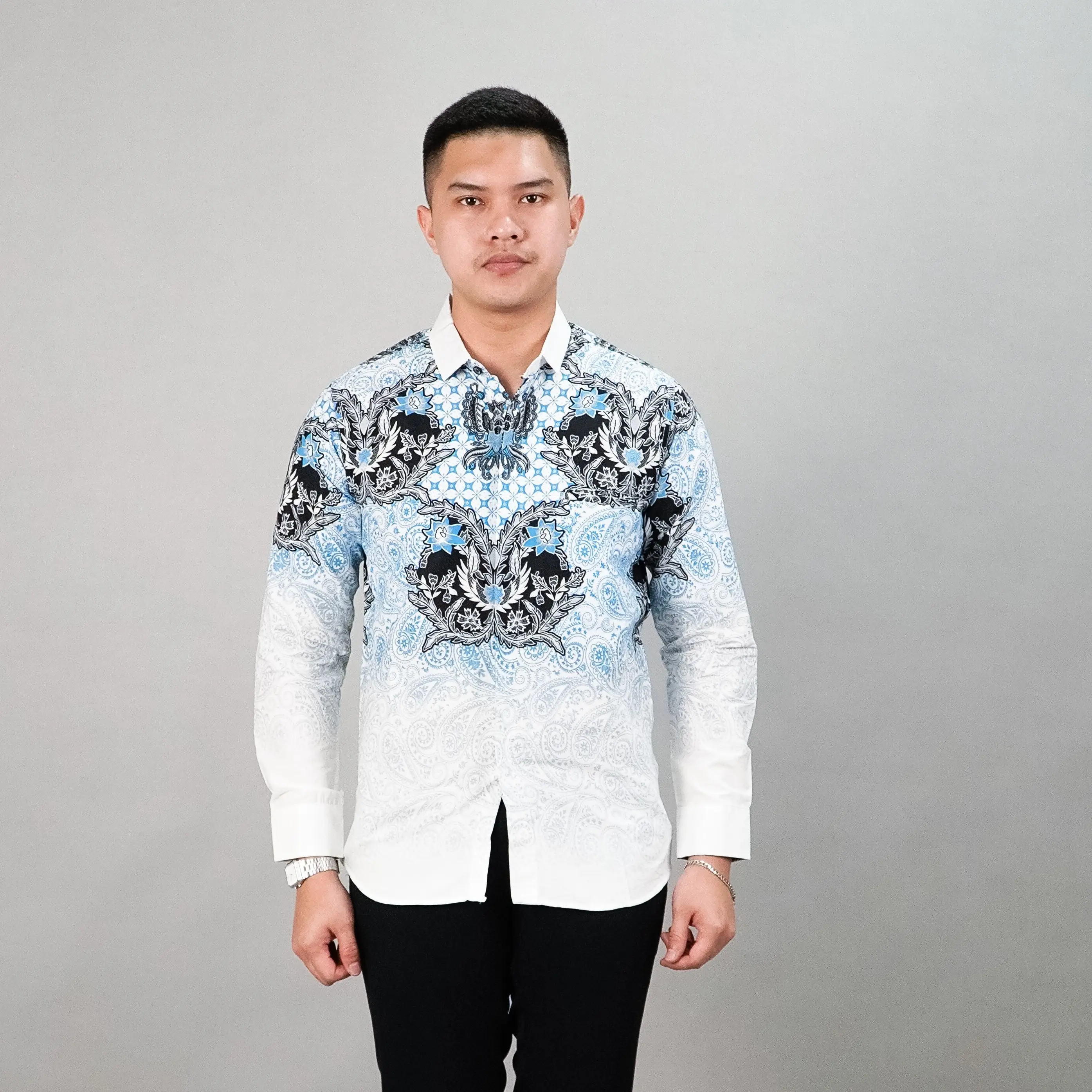 PF - Batik Lagoon Biru Muda Kemeja Batik Modern Formal Size M-XXXL Batik Kondangan Putih Biru