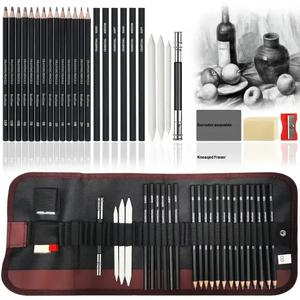 Kit de dibujo profesional de 28 piezas, Set de lápices de dibujo, Cortina de plumas portátil - Lápices de carbón, Lápices de boceto, Barra de carbón, Sacapuntas, Borrador. Materiales de arte para artistas principiantes adultos adolescentes