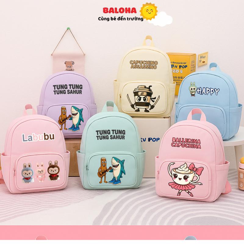 Balo đi học siêu nhẹ in họa tiết Tung Sahur Cappucino Capy Bara Labubu hoạt hình dễ thương cho bé gái bé trai 1-5 tuổi mẫu giáo BL243