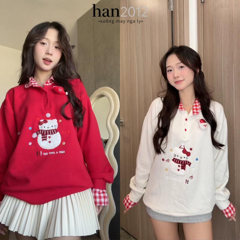 Áo Sweater Nỉ Bông Noel Thêu Hình Mèo Kitty Người Tuyết Cổ Sơ Mi Caro Form Rộng Ulzzang Hàn Quốc Dễ Thương Tặng Charm Xinh Xỉu Hot Trend Giáng Sinh 2024