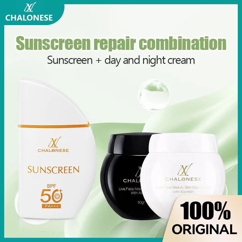 CHALONESE Paket Skincare Sunscreen Cream Moisturizer BPOM ( Sunscreen SPF 50Pa+++ + Day & NIght Cream) Pelembab Wajah Anti-UV Facial Hitam 1
