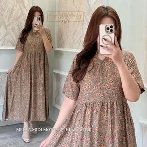 Melisa Midi Dress By RMB - Rayon Motif Premium Bahan Katun Lembut & Flowy Elegan Size ALLSIZE Kancing Depan Busui Tangan Wudhu Friendly Saku Kanan