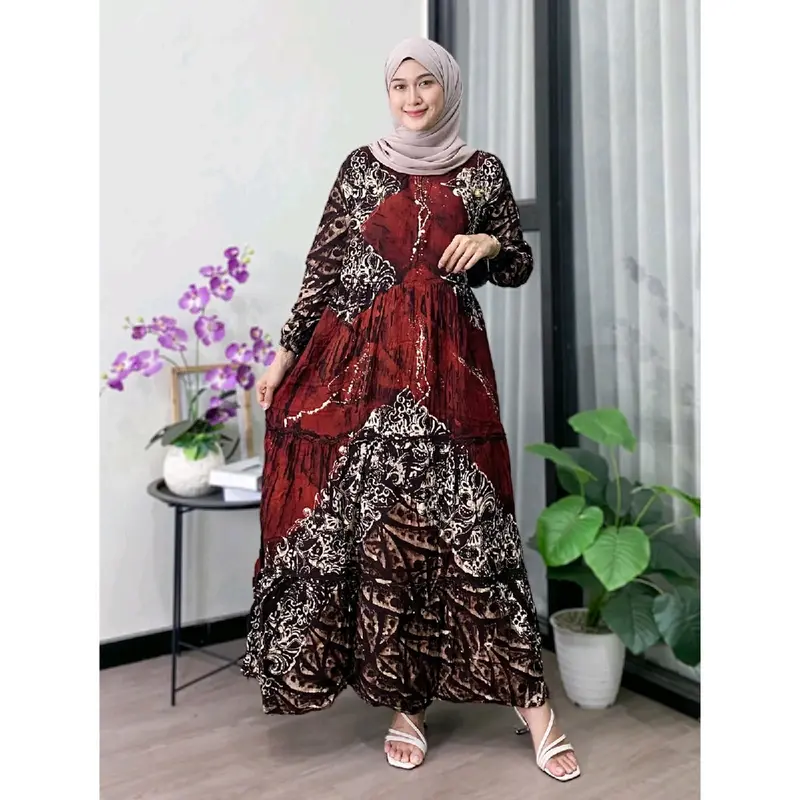 Zaneera Batik - Gamis Twill Ori Pekalongan Dress Muslim Wanita Rayon Super Premium Cap Malaman Motif Larissa Series Lengan Karet Model Rempel Nyaman Lembut Panjang 1