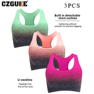 Sujetador deportivo de alta elasticidad y transpirable CZGUKE para mujer, apto para correr, yoga y gimnasio con copas acolchadas; sujetador corto sin costuras; conjunto deportivo degradado de tres pzas
