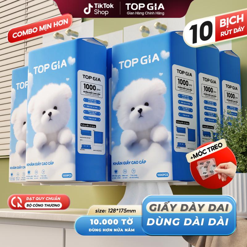 (COMBO 10 BỊCH - MỀM MỊN) Thùng 10 bịch Khăn Giấy Ăn Rút Đáy GIA GIA - TOPGIA, 4 lớp mềm mịn, 1000 tờ/bịch, làm từ bột gỗ tự nhiên an toàn, ĐẠT QUY CHUẨN BỘ CÔNG THƯƠNG, tặng kèm 3 móc treo tiện lợi (tg68)