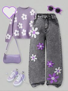 Jeans de mezclilla lavados para niñas, moda linda con bordado de ojales florales, pantalones largos sueltos, cintura alta y elástica en la espalda, adecuados para todas las estaciones