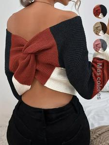 Top de suéter elegante de punto colorblock con hombros descubiertos, diseño casual con cuello en V y torsión, moda de primavera y otoño, ajustado, tela mediana