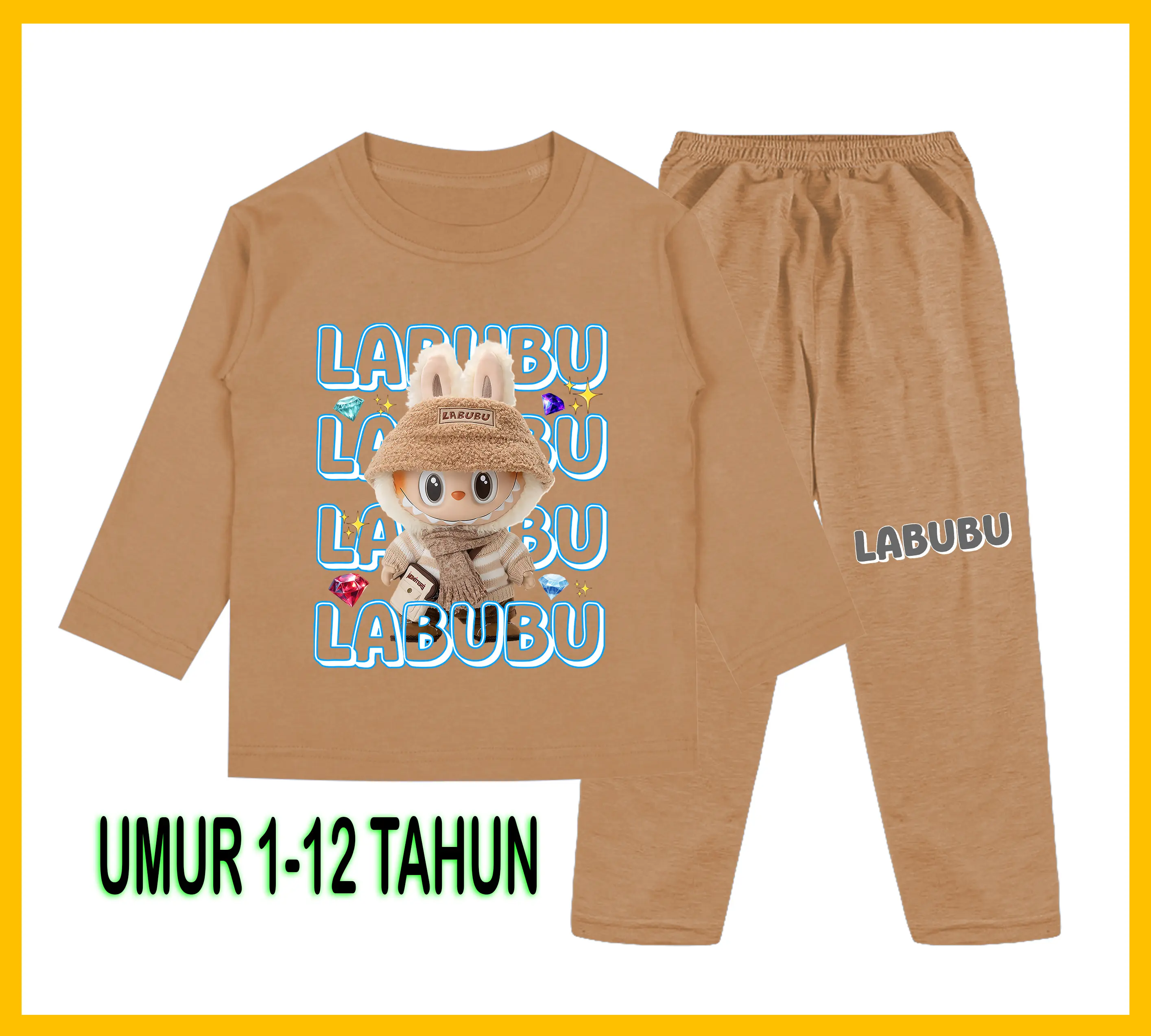 Baju Tidur Anak Gambar Labubu Setelan Lengan Panjang - Baju Anak Fashion Celana baju labubu
