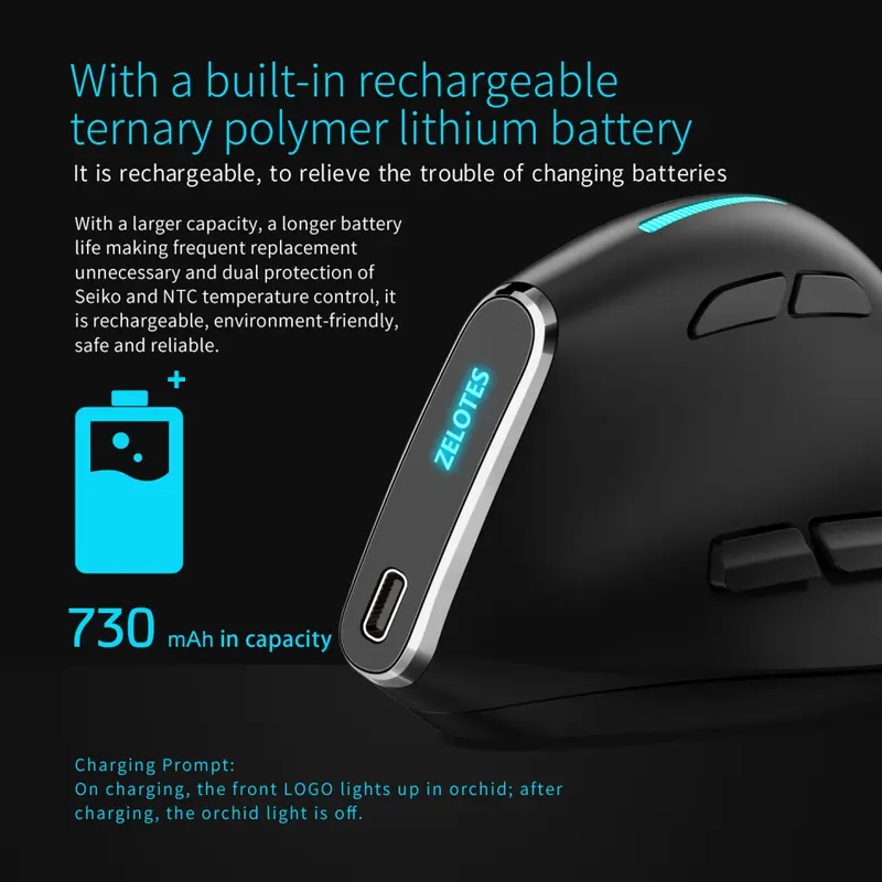 Zelotes F36 Wireless Vertical Mouse Programmable Bluetooth 5.0 USB 2.4G 7