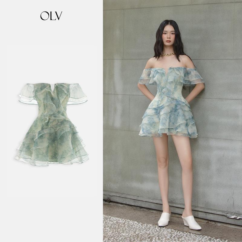  Đầm kiểu voan hoa trễ vai phối bèo dáng xòe Ianthe thanh lịch nữ tính OLV 