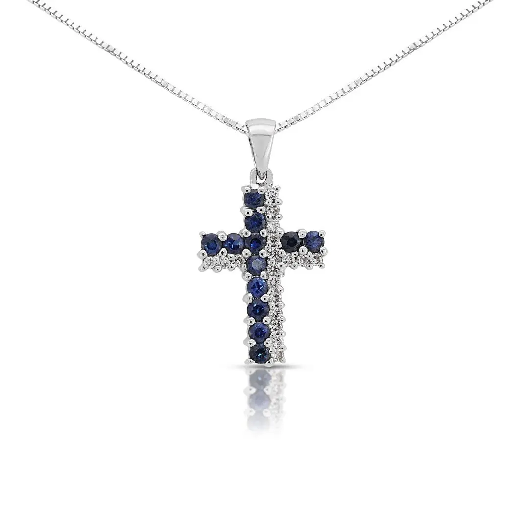 Timeless 0.42ct Sapphire Cross Pendant with Diamonds (Chain is Included)
