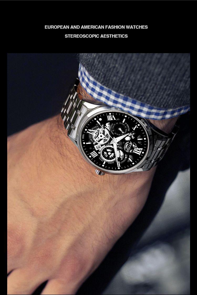 Jam Tangan Pria AIYISHI Tipe Olahraga Multi-Fungsi dengan Mesin Kuarsa Otomatis, Kaca Jam Warna Hitam, Bahan Stainless Steel, Tahan Air 30 Meter, Garansi 2 Tahun-1806