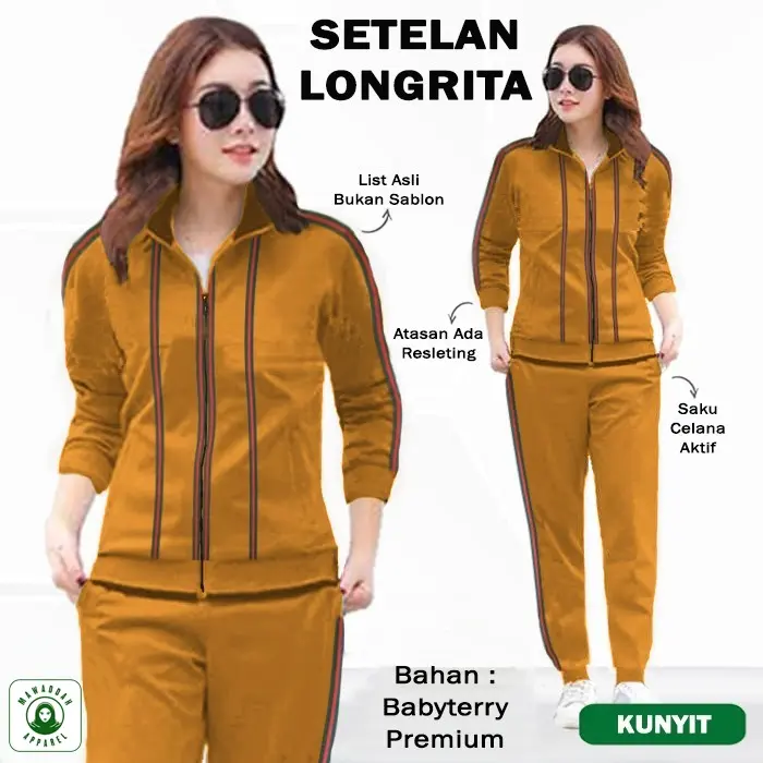 MA SET LONGRITA - Setelan Kaos Celana Olahraga Senam Wanita Muslim Zipper List Bahan Babyterry Adem Size XL XXL XXXL / 29370