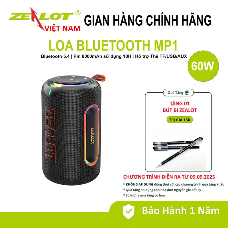  ZEALOT Loa Bluetooth MP1 60W Pin 8000mAh Phiên Bản 5.4 Chống Nước IPX6 Loa Mini TWS Công Suất Siêu Bass Dùng Cho Tiệc Tùng & Cắm Trại Có Đèn RGB Bảo Hành 12 Tháng 