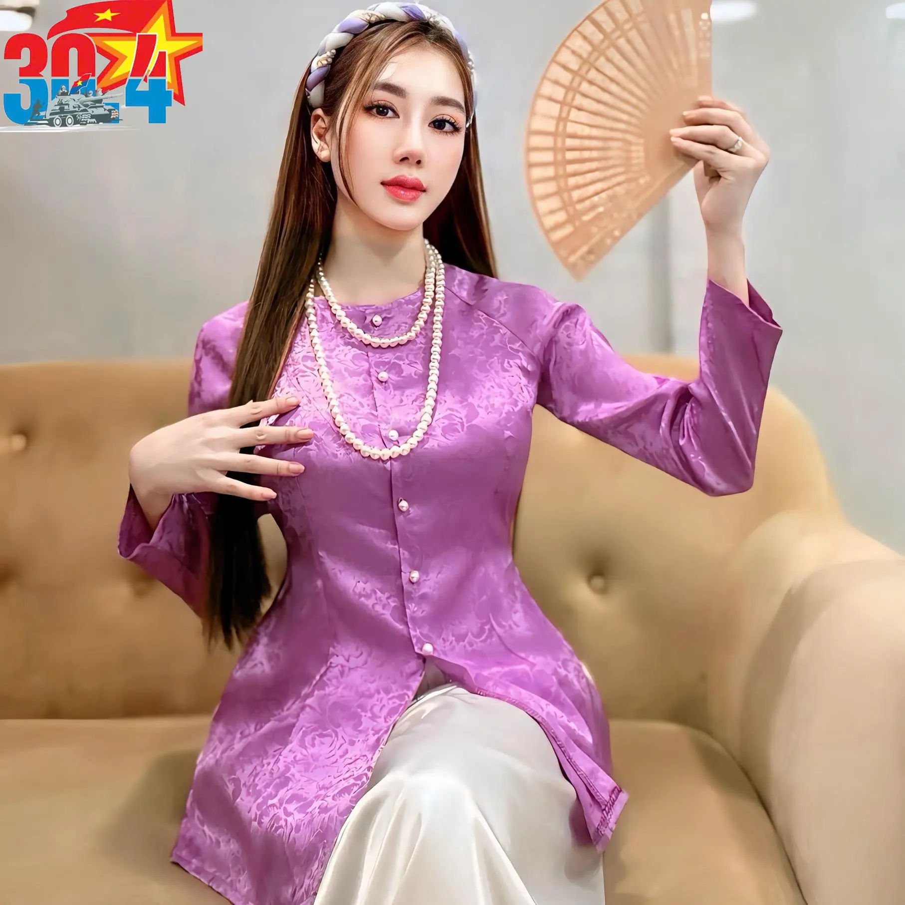 Xưởng May Hân Nguyễn - B.A47 -  HÀNG XẢ KHO - ÁO BÀ BA GẤM QUẦN SATIN  ( QUẦN TRẮNG ) Nữ Women Top