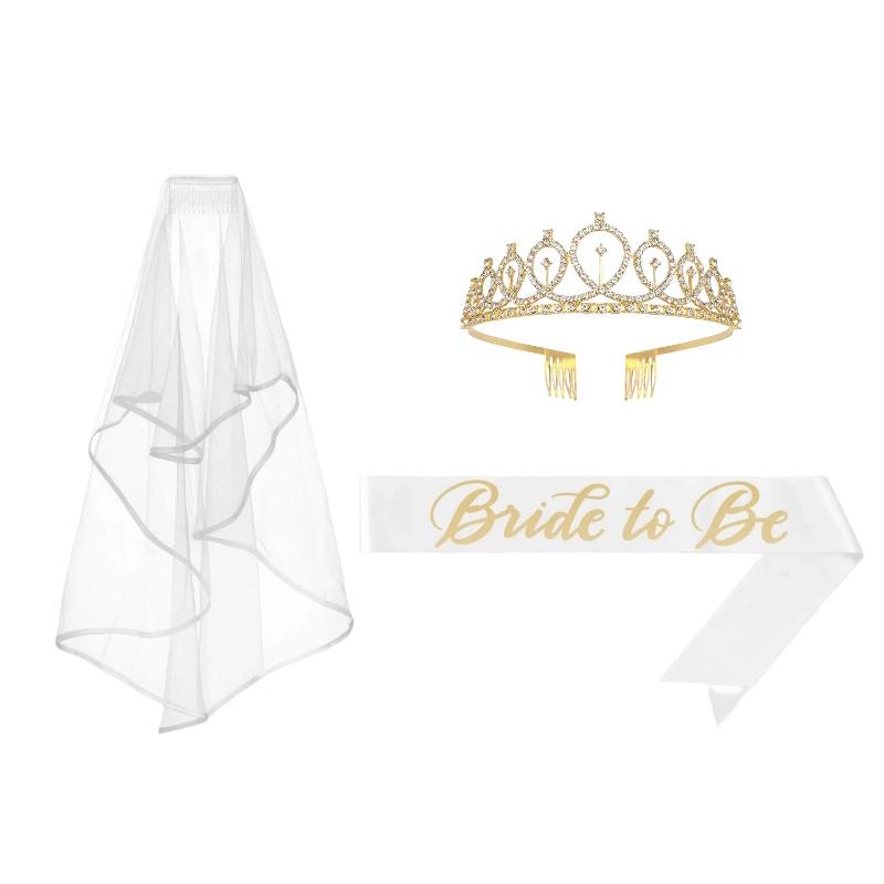 3 Pièces Set Mariage JGA : Ceinture Sash Blanc, Voile Et Diadème Or - Accessoires Enterrement Vie Jeune Fille