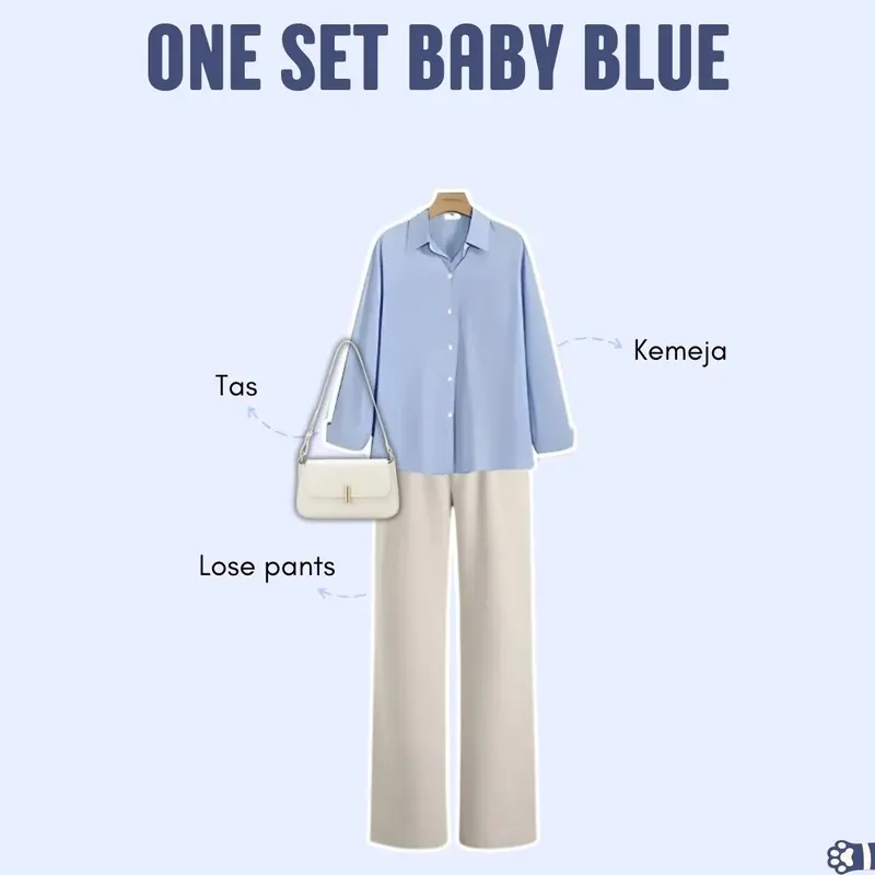 Baby Blue Oneset Celana 3in1 (Kemeja biru, celana ivory, dan tas putih) Korean style Wanita Cantik - PS12 4