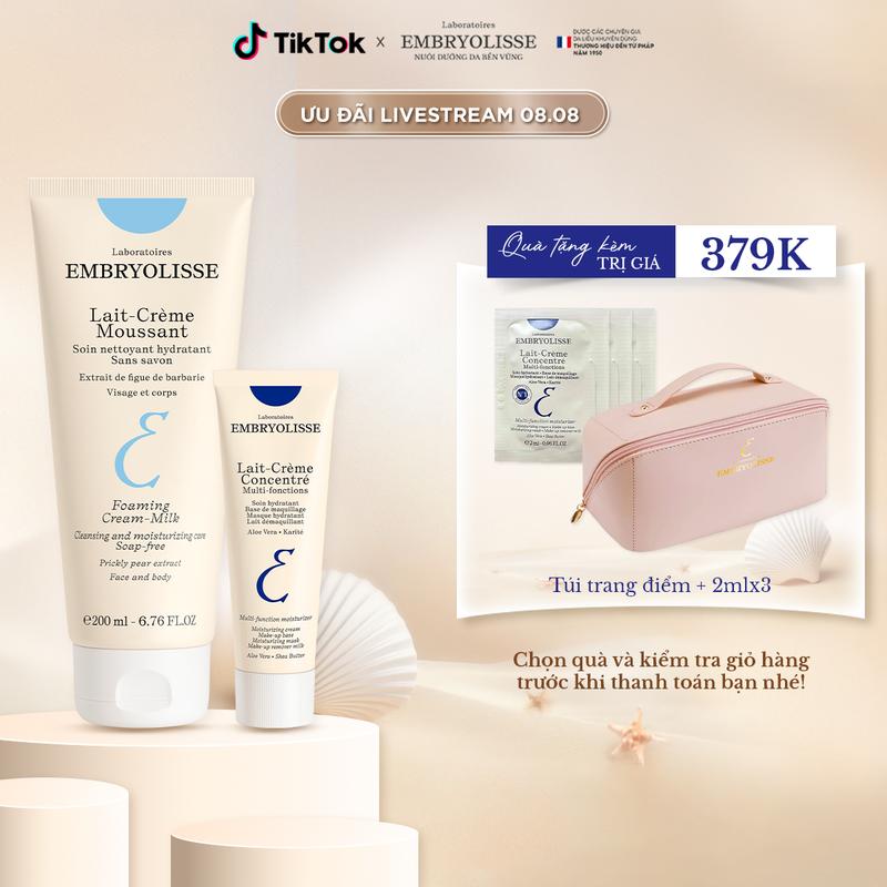 Combo Chăm Da Siêu Tối Giản Unisex Embryolisse Kem Dưỡng Ẩm 30ml và Sữa Rửa Mặt 200ml Date 7/2026