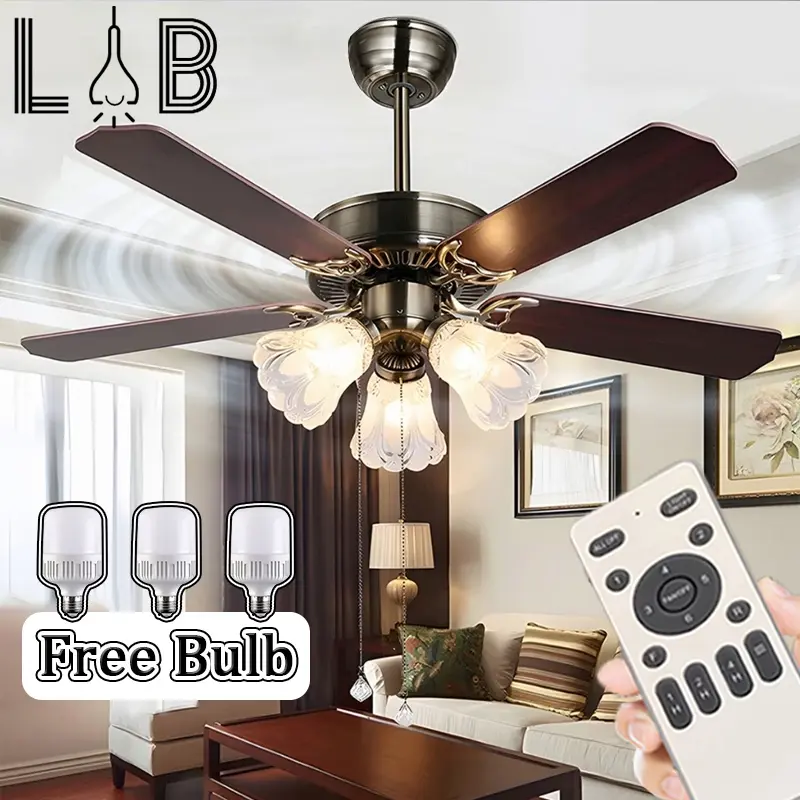 Lampu Kipas Gaya Retro Remote 42 inci 2-in-1  Bilah Kipas Kayu Kipas Angin Lampu Ceiling Fan Restoran  Ruang Tamu kamar tidur Lampu Hias Gantung Mewah