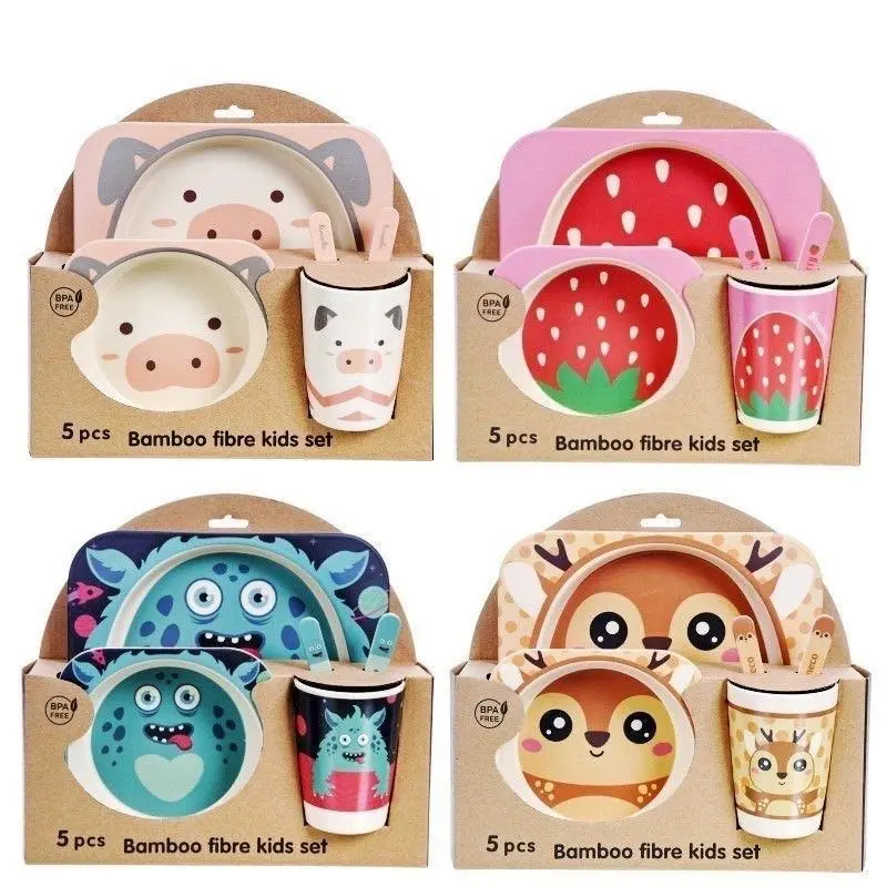 [SG] Kids Tableware Set 5Pcs Baby Bamboo Fiber Cartoon Bowl Animal Dinnerware Food Plate Bowl for Kids and Toddlers
