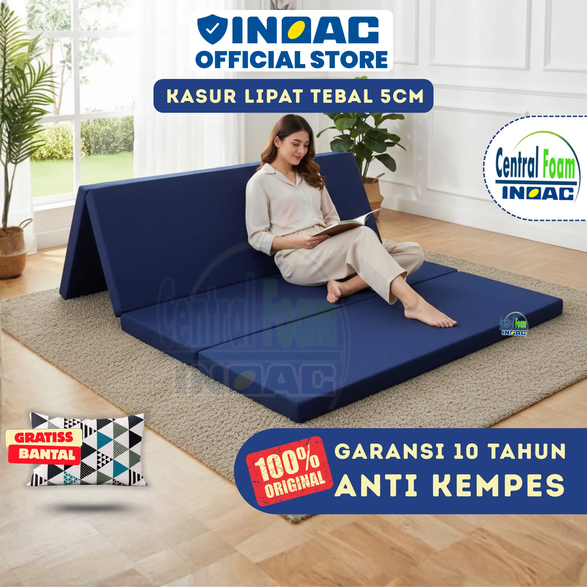 INOAC Kasur Lipat Tebal 5cm EON D23 Central Foam Busa Matras Garansi 10 Tahun Soft Medium Firm Nyaman Anti Alergi Anti Bakteri Anti Tungau Free Bantal Original