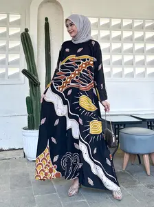 EVELINE Gamis Abaya Rayon Super Dress Panjang Syari Simple Elegan Adem Kaftan Batik Modern Muslim Mewah Wanita Motif Batik