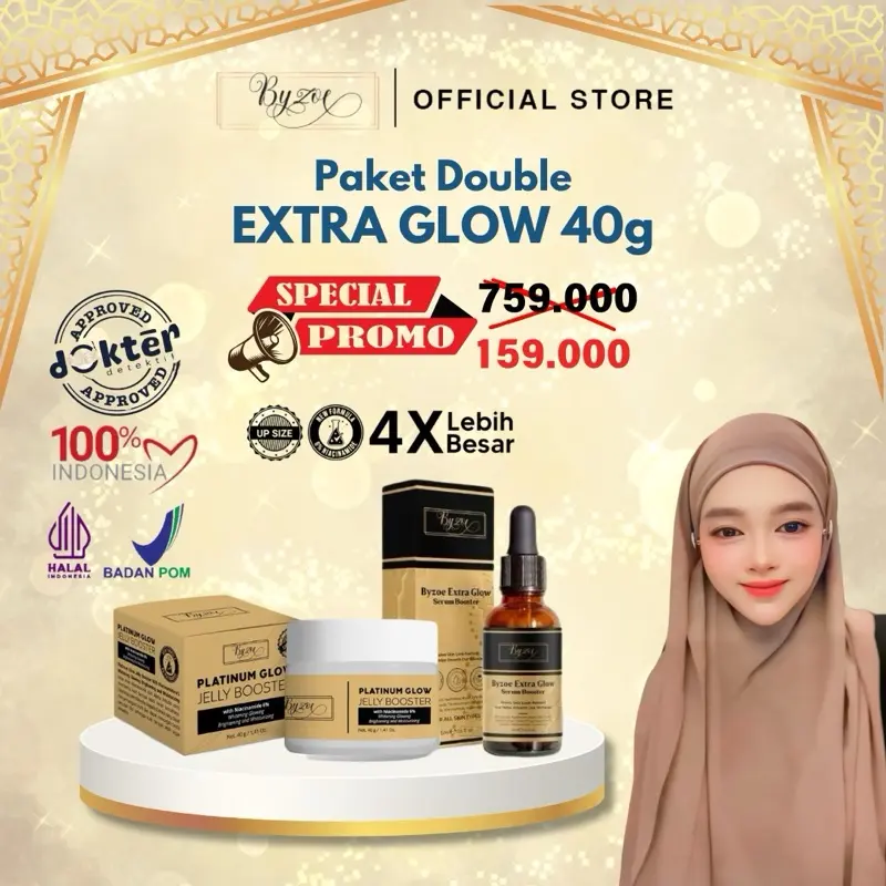 [DOKTIF APPROVED] Byzoe Paket Jumbo Ekstra Glowing Double Booster 40gram dan 15ml Gold Jelly Booster.