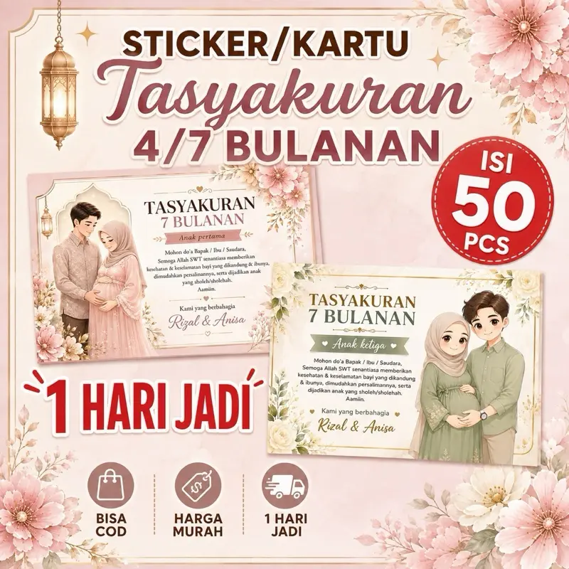 (50 PCS) Stiker Tasyakuran 4/7 Bulanan Kehamilan Muslim/ Islami Cepat 1 Hari Jadi Bisa Cod