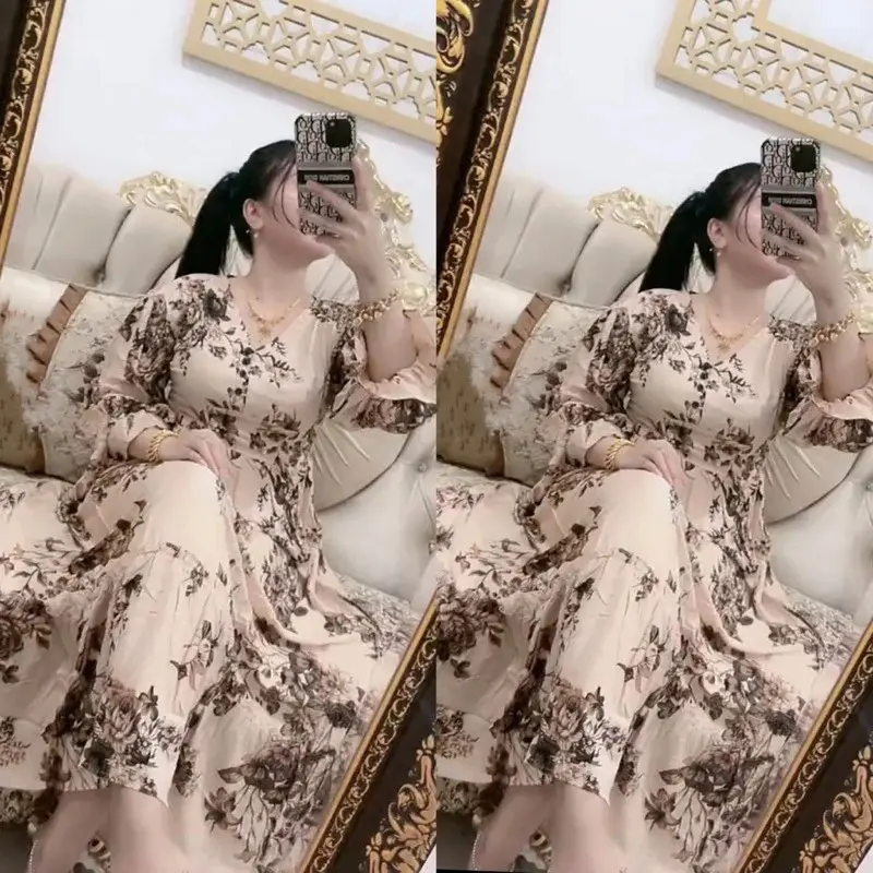 Gamis Dress Daster Bunga Casandra kancing Hitam dan Cream Murah 1