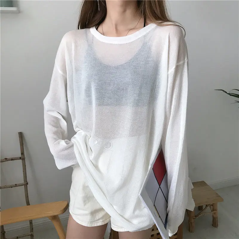 Áo Thun Dài Tay Lụa Lạnh Chống Nắng Loại Mỏng Tuyệt Vời Người Nổi Tiếng Trực Tuyến Áo Mặc Trong Thường Ngày Dáng Rộng Phong Cách Hàn Quốc Mùa Hè Cho Nữ Thời Trang Ins Siêu Phổ Biến
