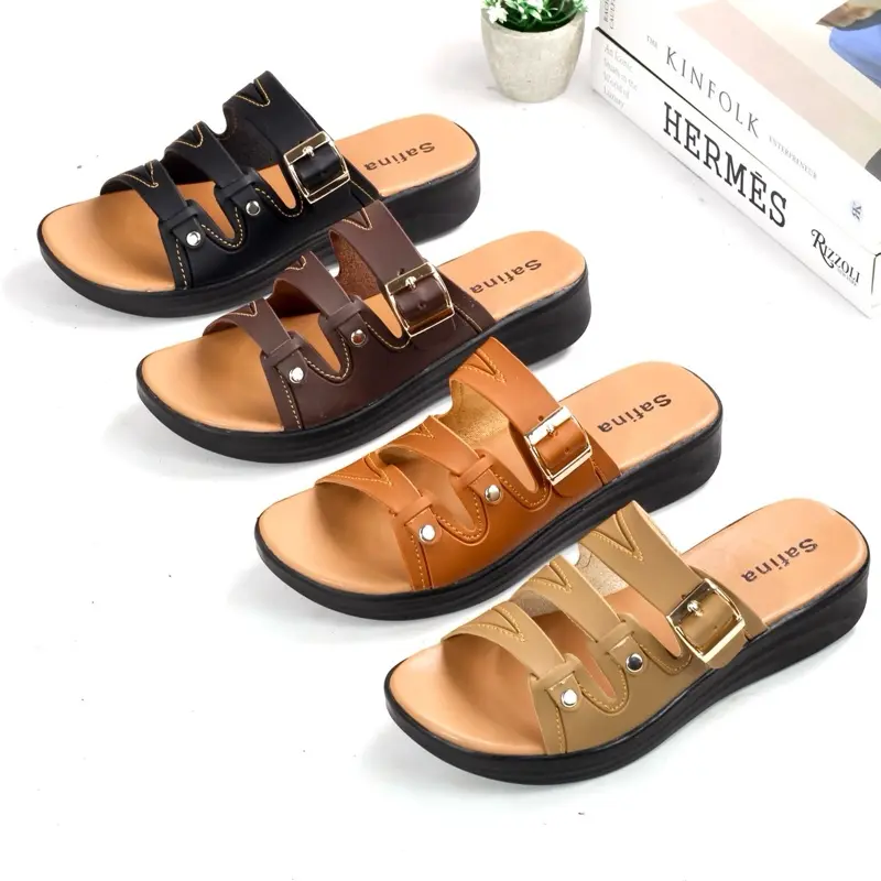 SAFINA Clarissa Sandal Wanita Slip On / Selop Sol Hitam Karet 4cm - Model Sandal Wanita Slip / Kokop Triple Strap (Tali 3) Variasi Simple Elegan Shoes Sendal