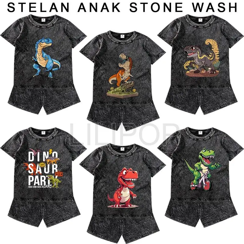 Majin  Fashion Anak Unisex Stelan Stone Wash 3/4 Cocok untuk Anak Laki-laki dan Perempuan DINO TREX Stylish Setelan 1