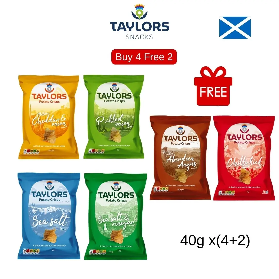 TAYLORS Potato Crisps Snack Sea Salt Pickled Onion Cheddar & Onion Chilli Grilled Aberdeen Angus 40g