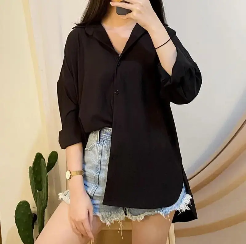 Kemeja Simpel Atasan Wanita Basic Polos Bahan Shakila Twill Premium Nyaman Baju Lengan Panjang  Kekinian 2