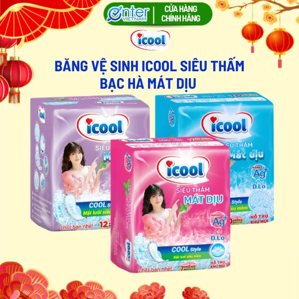   Combo 8 gói   Băng vệ sinh ICOOL Siêu Thấm Mới mặt lưới mềm mại kháng khuẩn thấm hút tốt có cánh bạc hà mát dịu nano ag+Tampon Nữ 