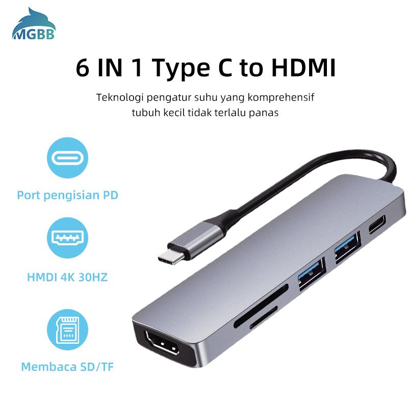 MGBB Converter Type C 6 in1 USB Hub Type-C To HDMI Adapter Travel 4K SD ...
