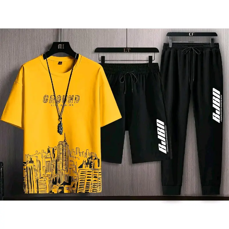 Bisa Cod/kaos distro cowok/Setelan 3 In Begins - Setelan Atasan Kaos Pria/1 set outfit cowok Celana Panjang 2