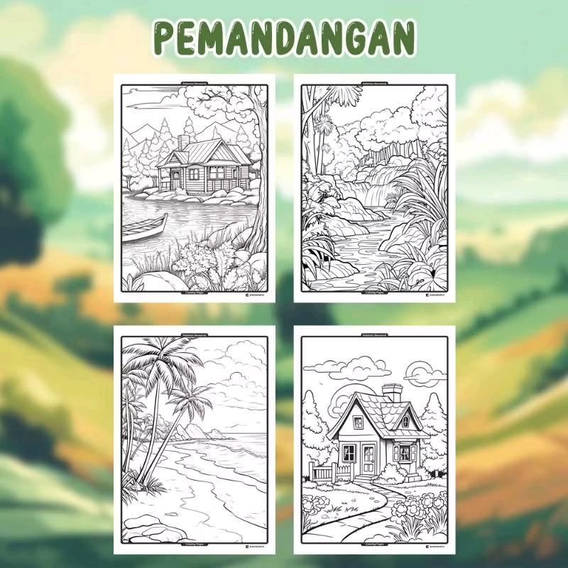 (20 pcs) gambar mewarnai pemandangan, gambar mewarnai anak art toys 1
