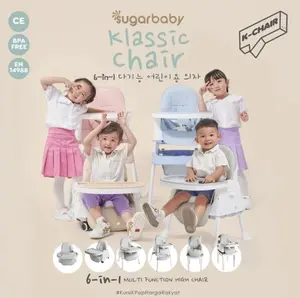Sugar Baby Klassic Chair 6 In 1 Multifunction High Chair Kursi Makan Serbaguna dengan 6 Fungsi Desain Klasik Korea Bahan Cushion Kulit Sintetis Tray Makanan Fleksibel dan Tempat Penyimpanan untuk Bayi 6 Bulan hingga 5 Tahun