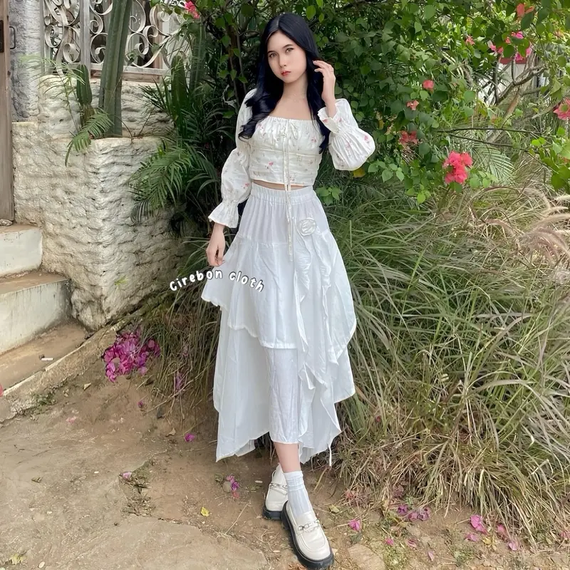 KIYANA Cirebon Cloth - Bellerose Skirt / Aesthetic Skirt / Rok Bunga / Rok Asimetris Ruffle Wanita Panjang Serut 5