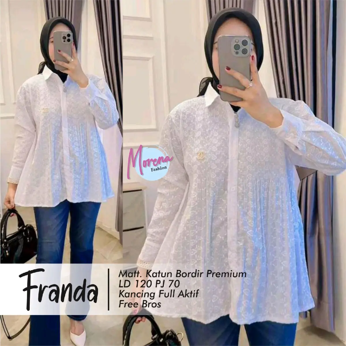 (BONUS BROSS) - Franda blus polos bordir putih Wanita Atasan Top Baju Casual