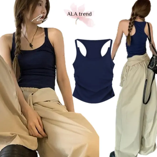 【SG stock】 Padded Top Side Pleat Racer Vest Padded Camisole Tank Top Pleated Waist B90